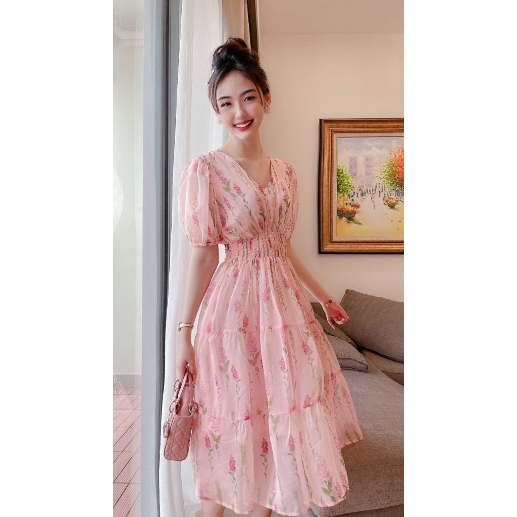 Váy hoa hồng nâu eo chun