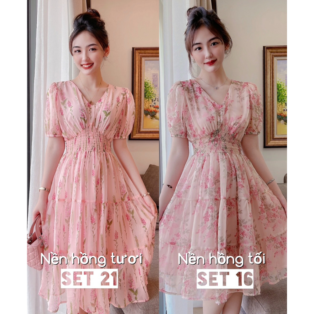 Váy hoa hồng nâu eo chun