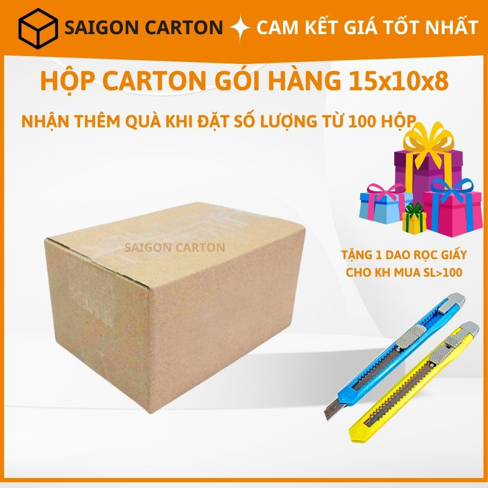 Hộp carton đóng gói hàng cho shop size 15X10X8 cm - Mua 100 tặng 1 dao rọc giấy - sản xuất bởi SÀI GÒN CARTON