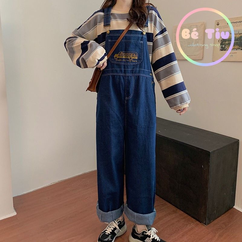 Quần Yếm Jeans Dài Ống Rộng Chất Denim Thêu Họa Tiết Ô Tô Chỉ Vàng Form Rộng Hottrend 2023 Style Hàn Quốc
