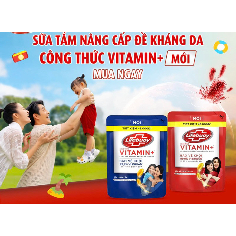 Sữa tắm Lifebuoy Chăm sóc da / bảo vệ vượt trội công thức Vitamin+ túi 800g