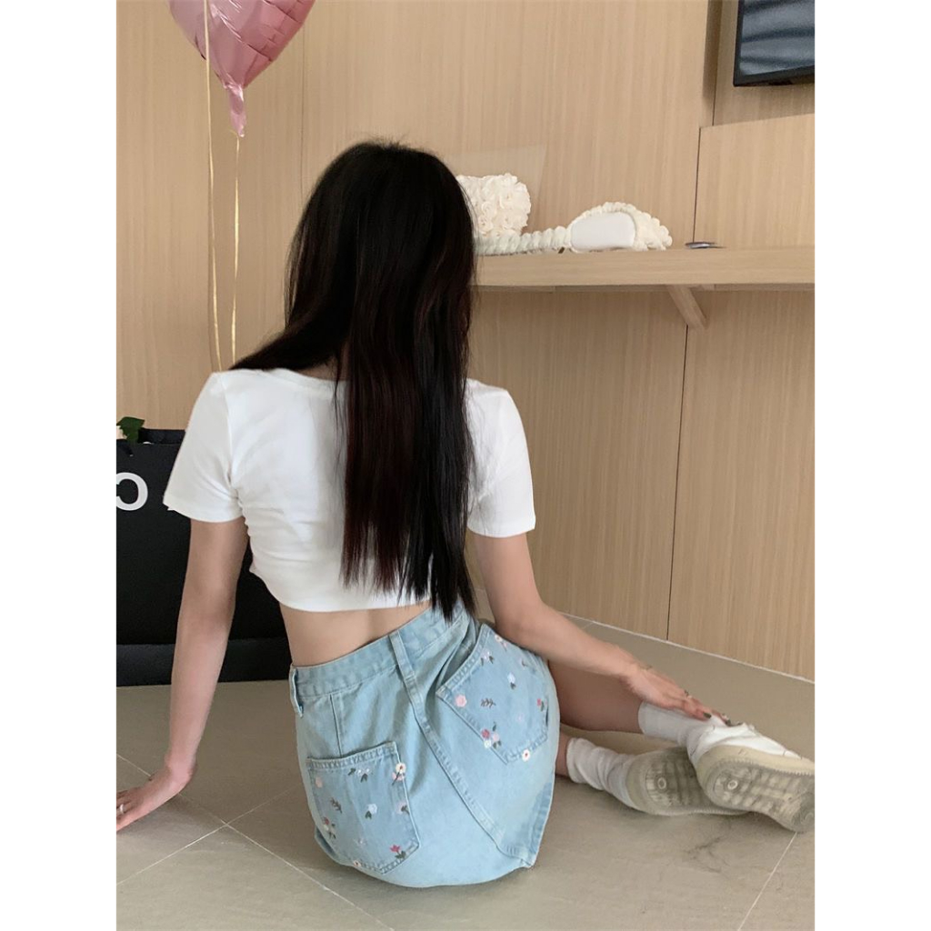 Chân Váy Ngắn Túi Thêu Hoa Dáng Chữ A Chất Jeans Denim Mềm Style Vintage Hàn Quốc Hottrend Phối Đồ Đi Chơi ĐI Học