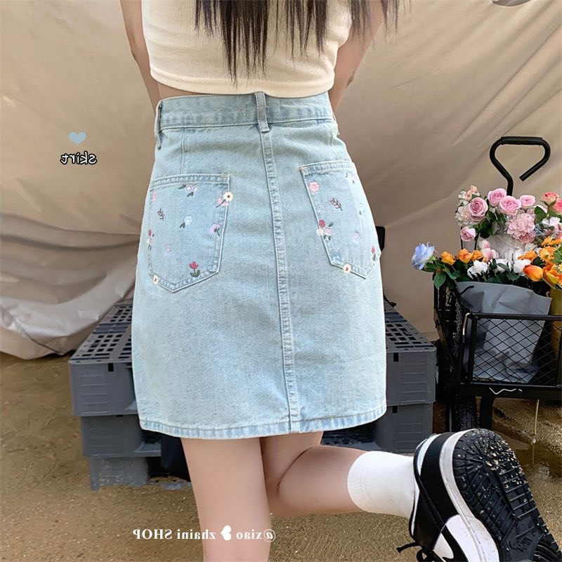 Chân Váy Ngắn Túi Thêu Hoa Dáng Chữ A Chất Jeans Denim Mềm Style Vintage Hàn Quốc Hottrend Phối Đồ Đi Chơi ĐI Học