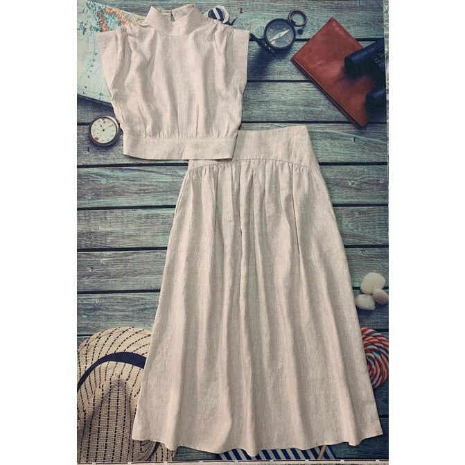 set bộ áo dáng croptop tay sát nách phối chân váy chất linen cao cấp thanh lịch _S7264