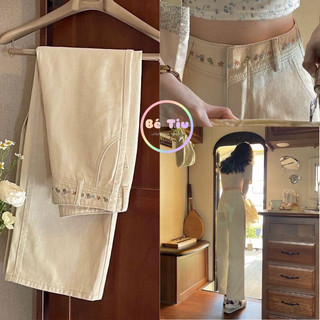 Quần Dài Ống Suông Cạp Cao Thêu Hoa Hack Dáng Màu Trắng Kem Style Vintage Phối Đồ Hàn Quốc Tôn Dáng Che Khuyết Điểm