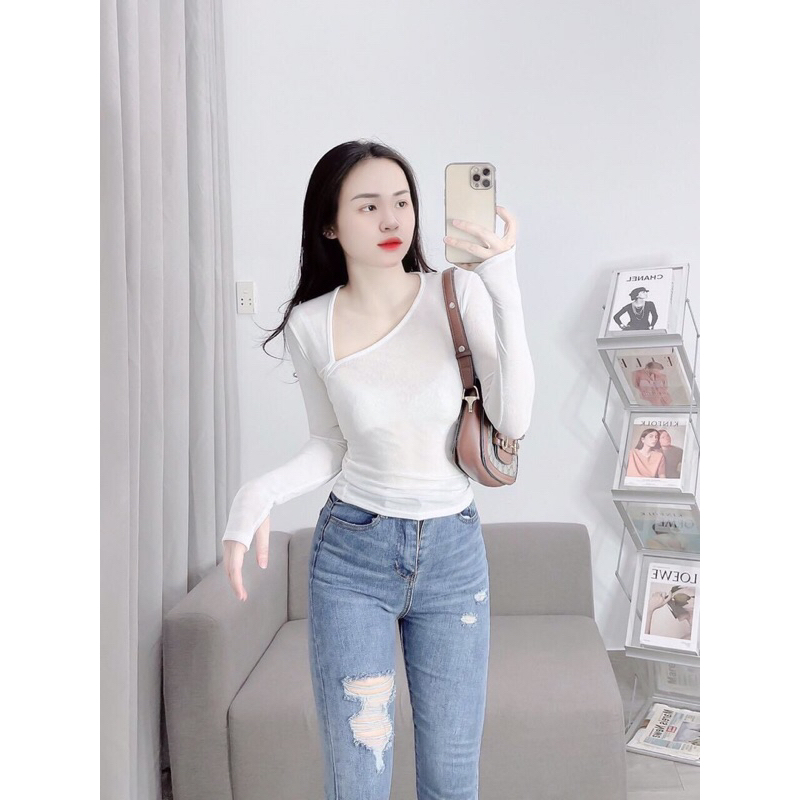Áo thun nhủ tay dài cổ xéo xỏ ngón