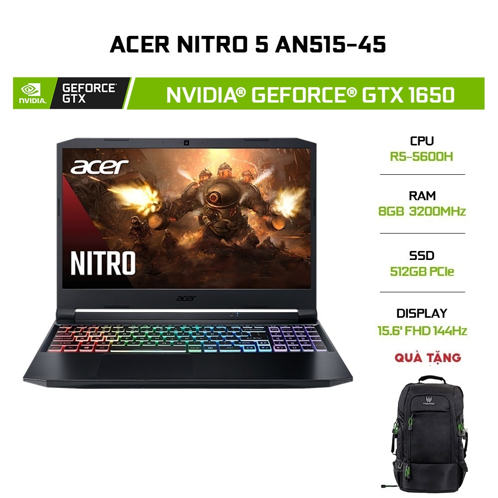 Laptop Acer Nitro 5 AN515-45 GTX1650 R5-5600H 8GB 512GB 15.6'144Hz