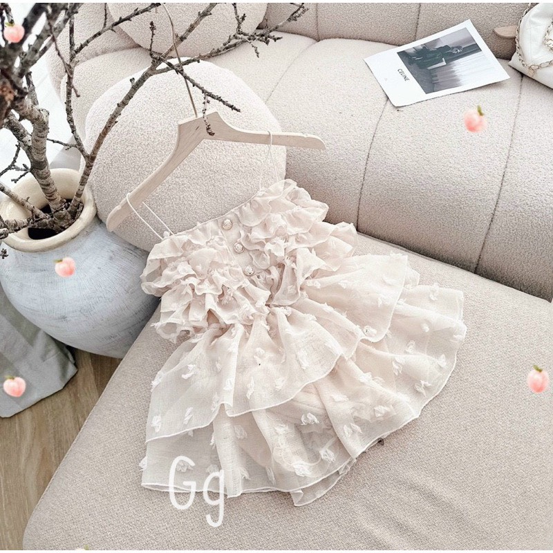 Set Bông Gòn 2 Dây Sexy Chân Váy Tầng, Chất Vải Voan Hột Không Xước, Mặc Đi Chơi, Đi Biển Sang Chảnh