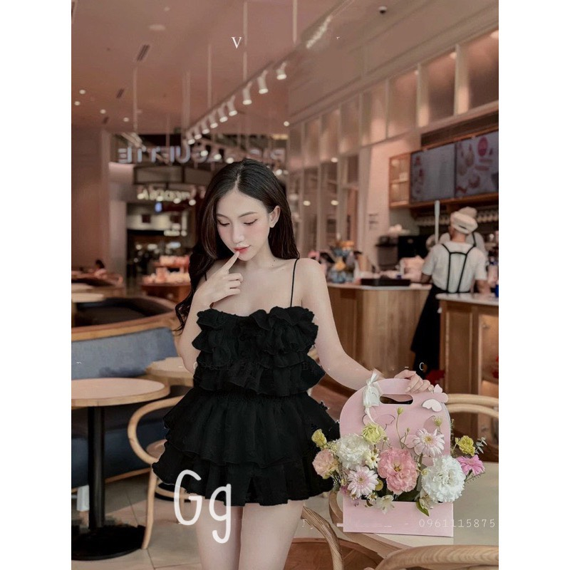 Set Bông Gòn 2 Dây Sexy Chân Váy Tầng, Chất Vải Voan Hột Không Xước, Mặc Đi Chơi, Đi Biển Sang Chảnh