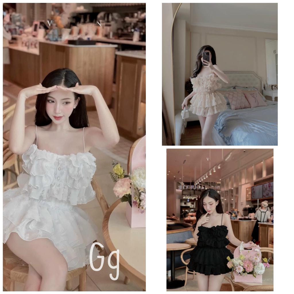 Set Bông Gòn 2 Dây Sexy Chân Váy Tầng, Chất Vải Voan Hột Không Xước, Mặc Đi Chơi, Đi Biển Sang Chảnh