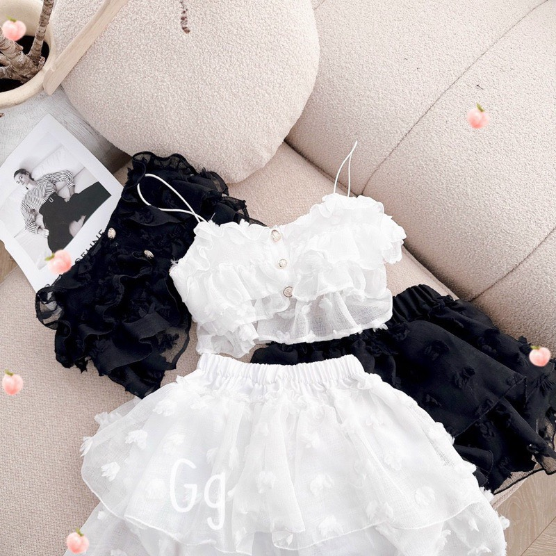 Set Bông Gòn 2 Dây Sexy Chân Váy Tầng, Chất Vải Voan Hột Không Xước, Mặc Đi Chơi, Đi Biển Sang Chảnh