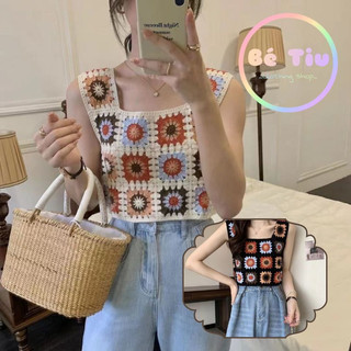 Áo Hai Dây Bản To Len Móc Dáng Ngắn Croptop Họa Tiết Hoa Vuông Thêu Thổ Cẩm Phối Đồ Style Vintage Hàn Quốc Hottrend 2023
