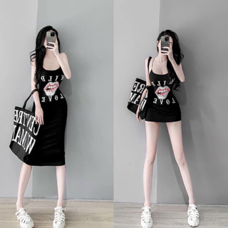Đầm ôm body hai dây in hình - có mút ngực