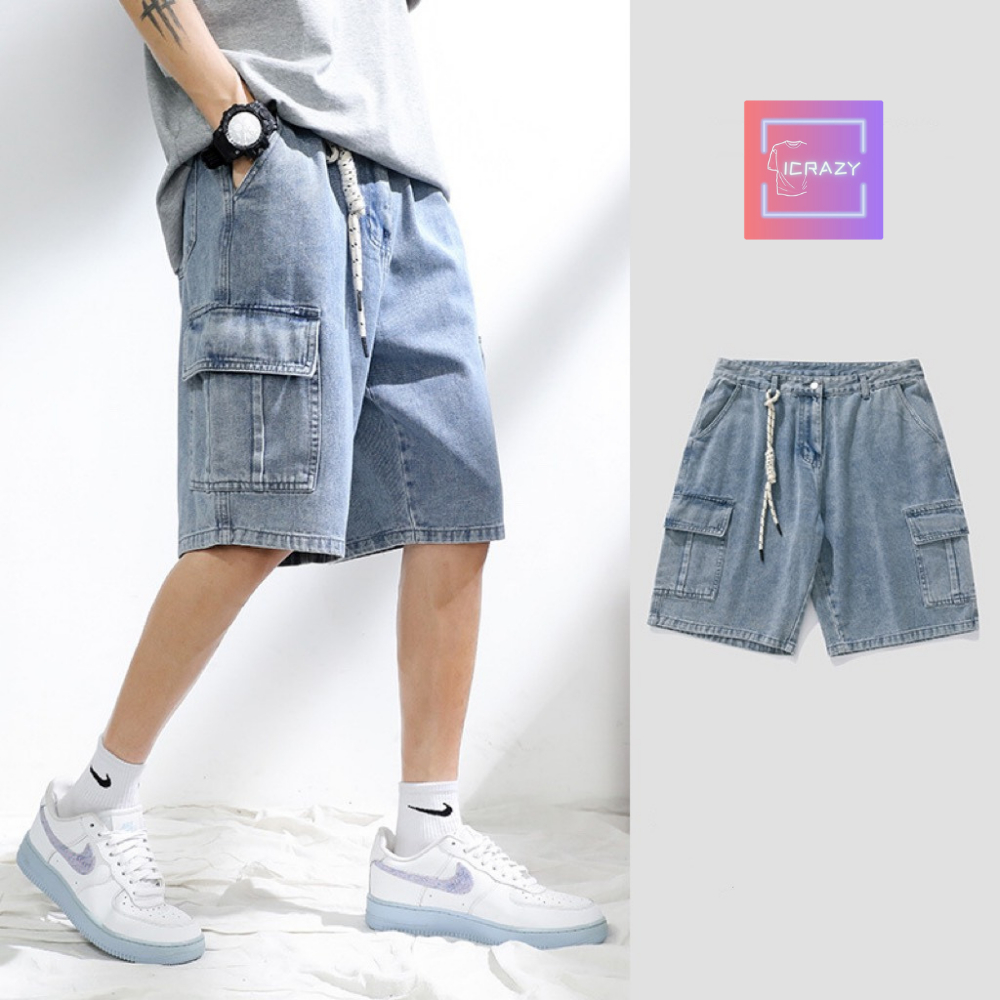 Quần short jean nam túi hộp phối dây ICRAZY, phong cách basic, ống rộng, dáng ngắn, quần đùi jeans QuanshortJEAN725