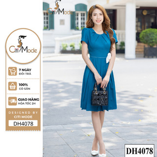 Đầm công sở citi mode fashion thiết kế xoè xanh chân váy xếp ly thêu hoa eo dh4078