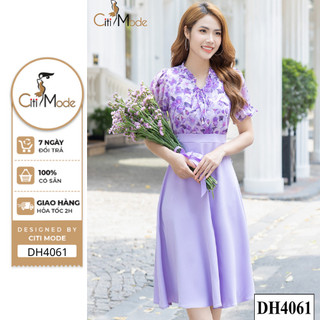 Đầm công sở CITI MODE FASHION thiết kế  xoè hoa tím phối chân váy 1 màu DH4061