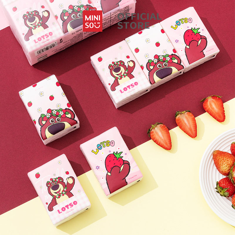 MINISO Strawberry Bear Strawberry Fruit Khăn giấy 12 Gói Túi nhỏ Giấy Khăn ăn Giấy Khăn ăn Dễ thương Di động