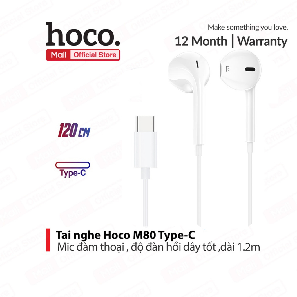 Tai nghe nhét tai Hoco M80 jack cắm Type-C có nút cao su chống tiếng ồn, âm thanh bass trầm dài 120cm