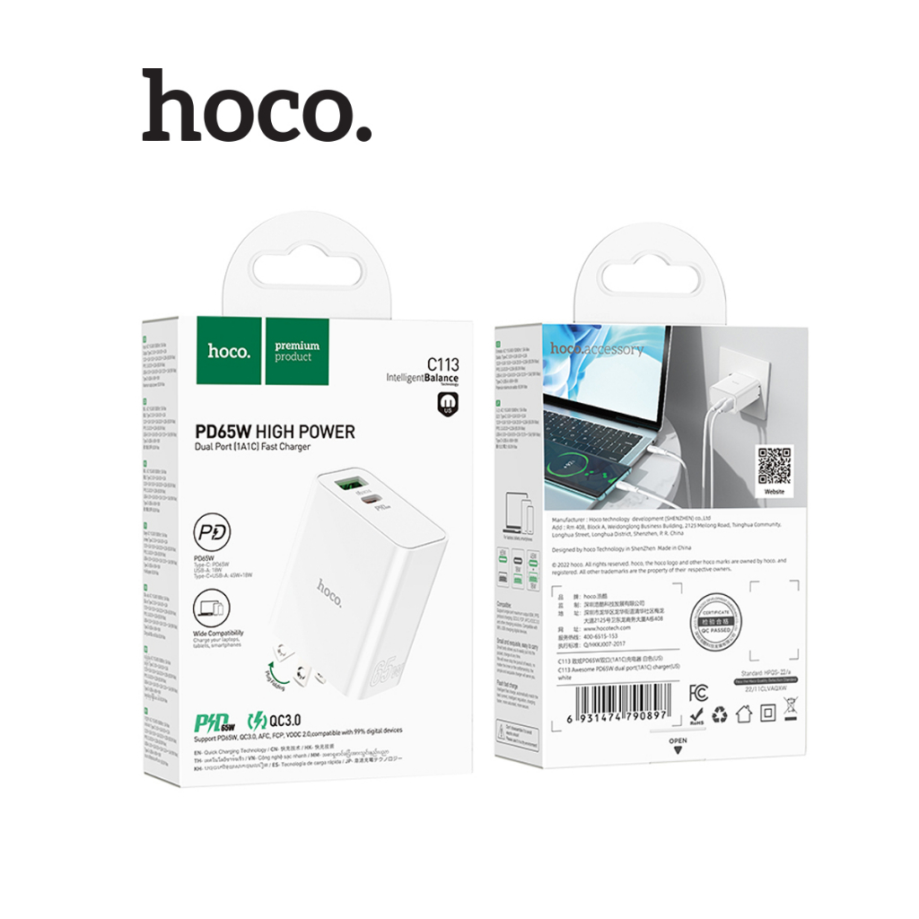 Củ sạc nhanh Hoco C113 (1 cổng USB + 1 cổng Type-C) hỗ trợ sạc nhanh PD65W chân dẹt gấp gọn