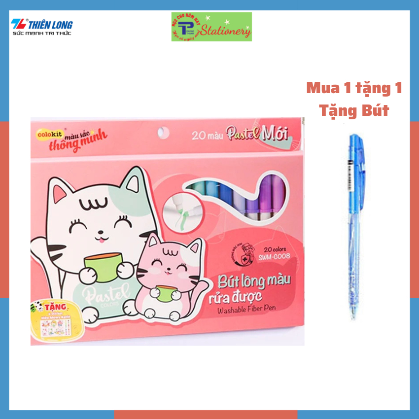 Bút lông, bút dạ fiber pen 20 màu pastel, Bút lông màu rửa được, màu Pastel Washable Thiên Long Colokit SWM-C008