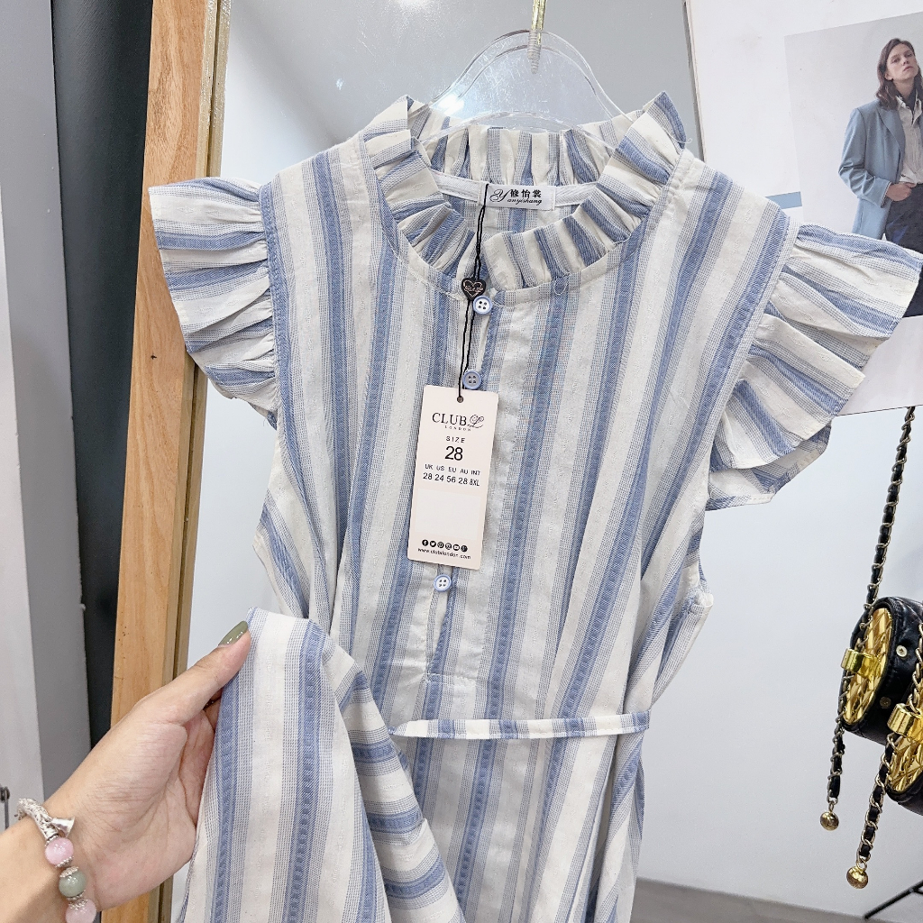 : Váy/ Đầm Kẻ Tay Cánh Tiên Cổ Bèo Bầu Mặc Thoải Mái Có Dây Eo Điều Chỉnh Chất Thô Mềm Dáng Suông, Du Lịch