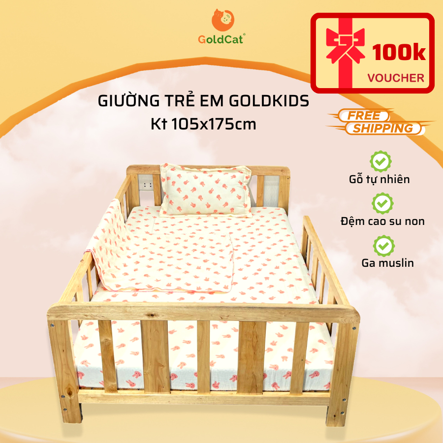 Giường trẻ em GoldKids kèm đệm quây cao cấp, có thanh chắn giường GoldCat cho trẻ từ 3-15 tuổi