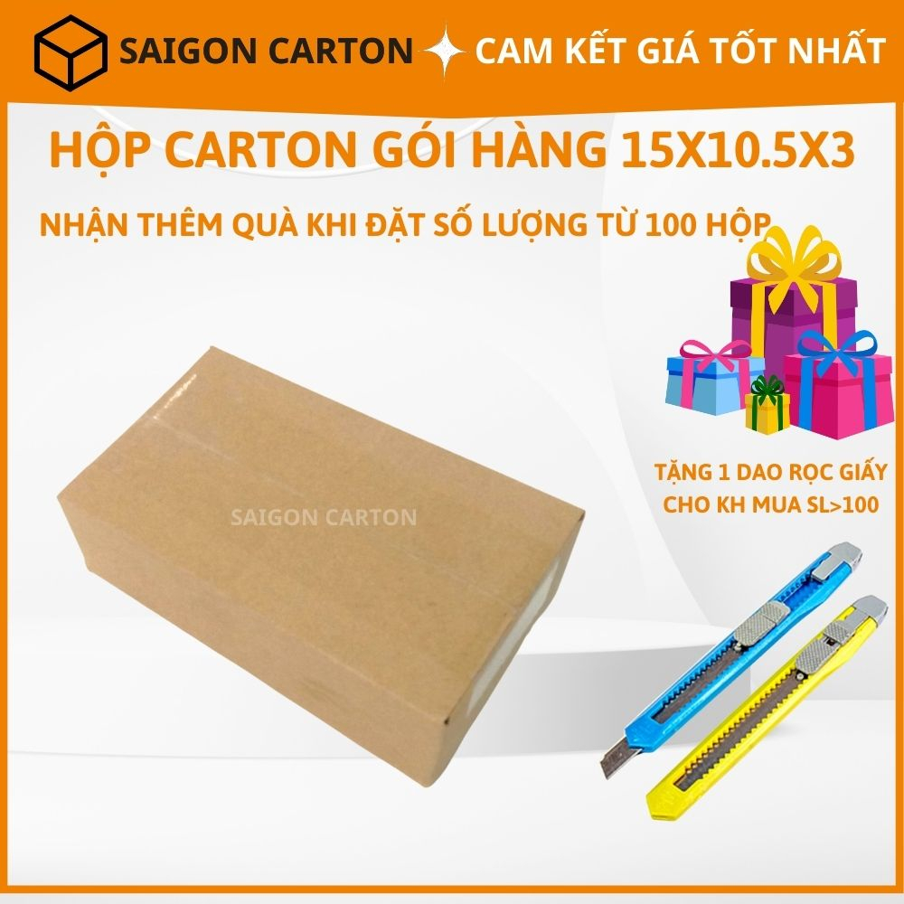 Hộp carton đóng gói hàng cho shop size 15x10.5x3 cm - Mua 100 tặng 1 dao rọc giấy - sản xuất bởi SÀI GÒN CARTON