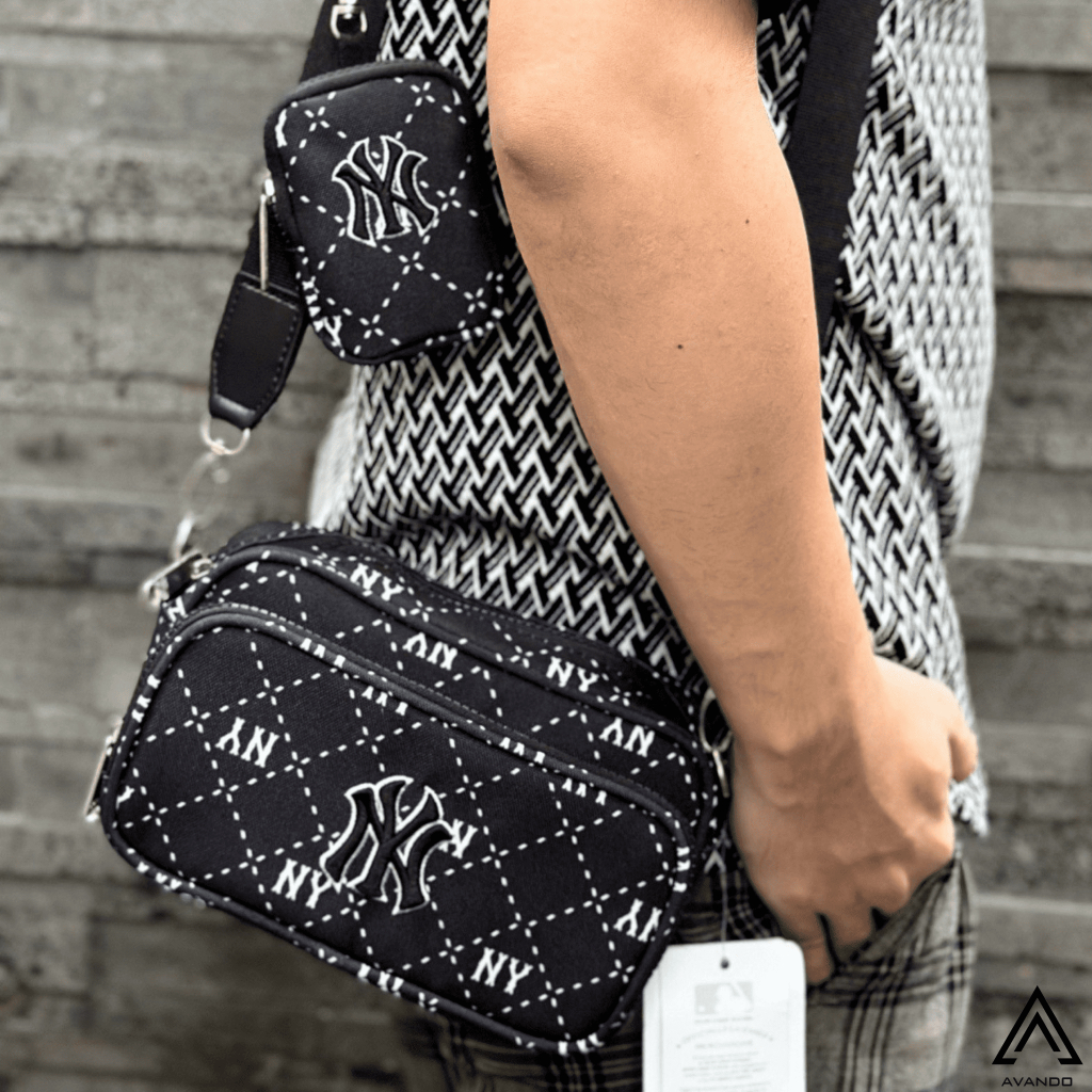 Túi NY MLB Unisex Black Ripstop Nylon Cao Cấp Có Túi Nhỏ, Hàng Xuất Full Tem Tag, Túi Đeo MLB NY Mini Mono