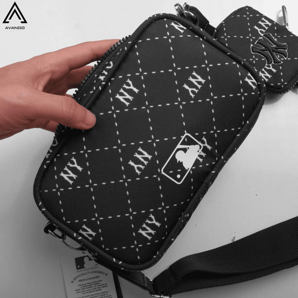 Túi NY MLB Unisex Black Ripstop Nylon Cao Cấp Có Túi Nhỏ, Hàng Xuất Full Tem Tag, Túi Đeo MLB NY Mini Mono