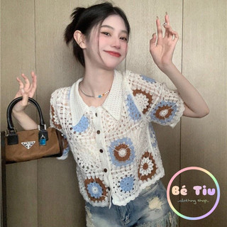 Áo Tay Cộc Len Móc Thêu Hoa Vuông Họa Tiết Thổ Cẩm Màu Sắc Trắng Kem Style Vintage Phối Đồ Hàn Quốc Hottrend 2023