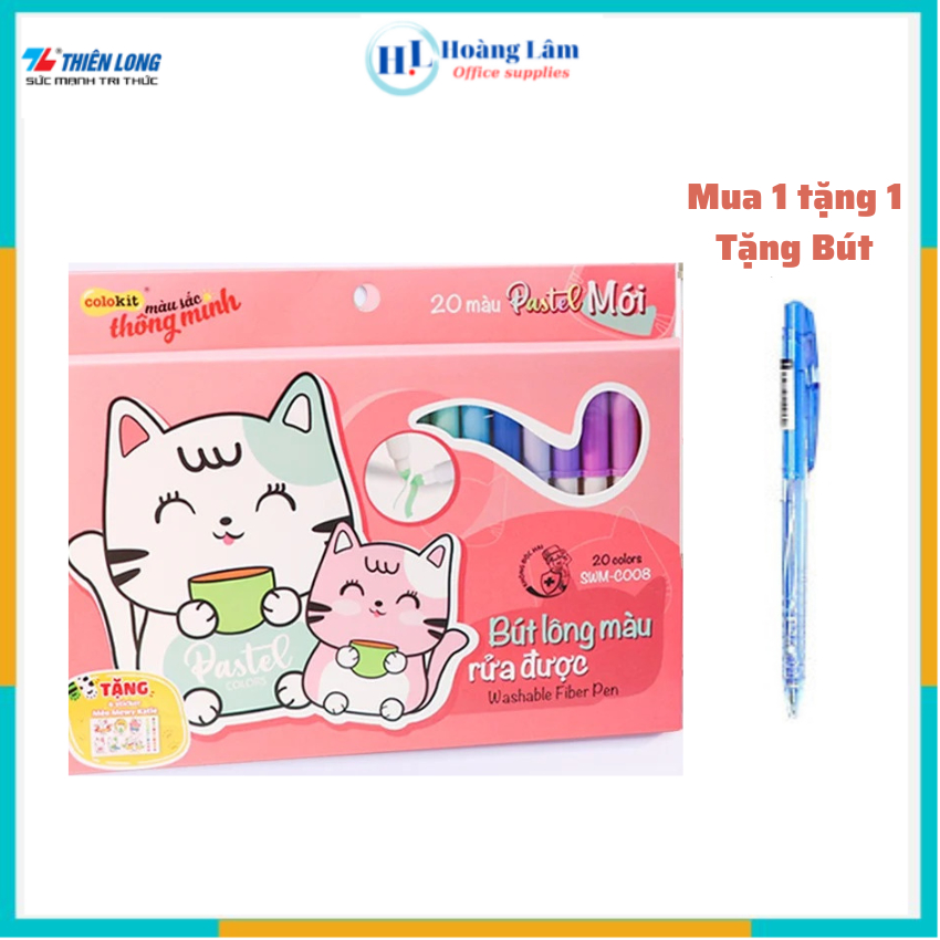 Bút lông, bút dạ fiber pen 20 màu pastel, Bút lông màu rửa được, màu Pastel Washable Thiên Long Colokit SWM-C008