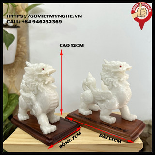 Cặp Tượng Đá Tỳ Hưu Trang Trí Phong Thủy - Dài 14cm kèm đế gỗ - Đá Non Nước Đà Nẵng