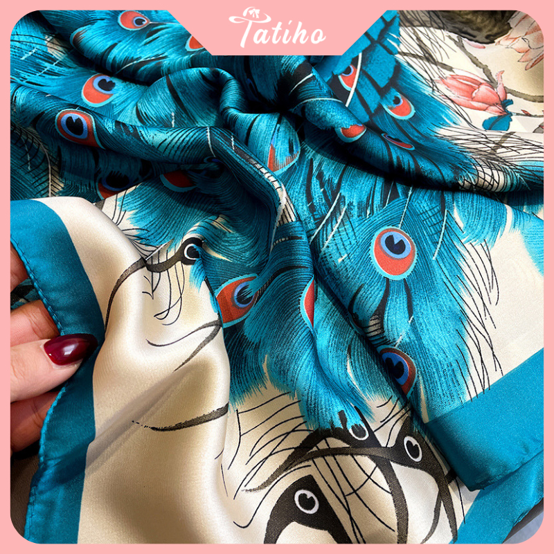 Khăn choàng cổ lụa, Khăn quàng cổ chất mềm mịn họa tiết đôi công sang trọng thời trang thanh lịch quý phái - Mã KS067