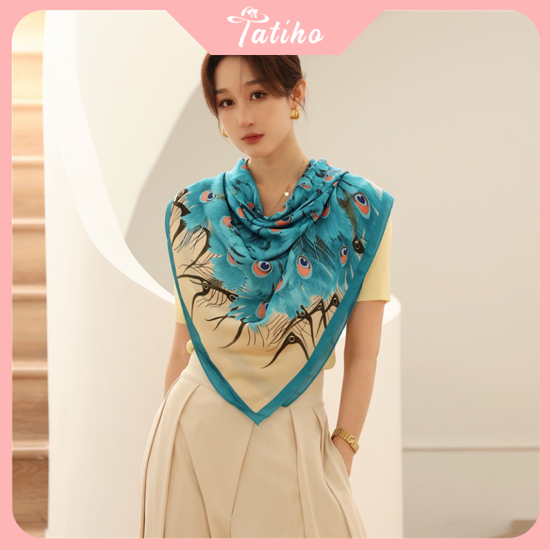 Khăn choàng cổ lụa, Khăn quàng cổ chất mềm mịn họa tiết đôi công sang trọng thời trang thanh lịch quý phái - Mã KS067