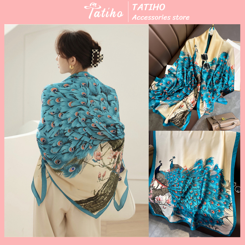 Khăn choàng cổ lụa, Khăn quàng cổ chất mềm mịn họa tiết đôi công sang trọng thời trang thanh lịch quý phái - Mã KS067