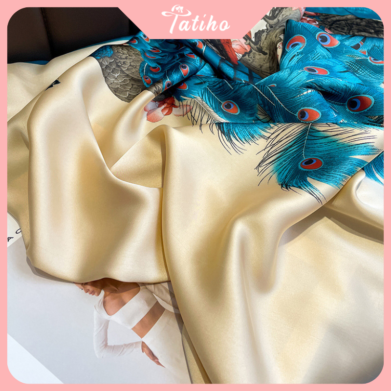 Khăn choàng cổ lụa, Khăn quàng cổ chất mềm mịn họa tiết đôi công sang trọng thời trang thanh lịch quý phái - Mã KS067