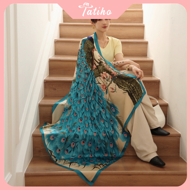 Khăn choàng cổ lụa, Khăn quàng cổ chất mềm mịn họa tiết đôi công sang trọng thời trang thanh lịch quý phái - Mã KS067