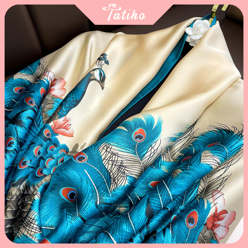 Khăn choàng cổ lụa, Khăn quàng cổ chất mềm mịn họa tiết đôi công sang trọng thời trang thanh lịch quý phái - Mã KS067