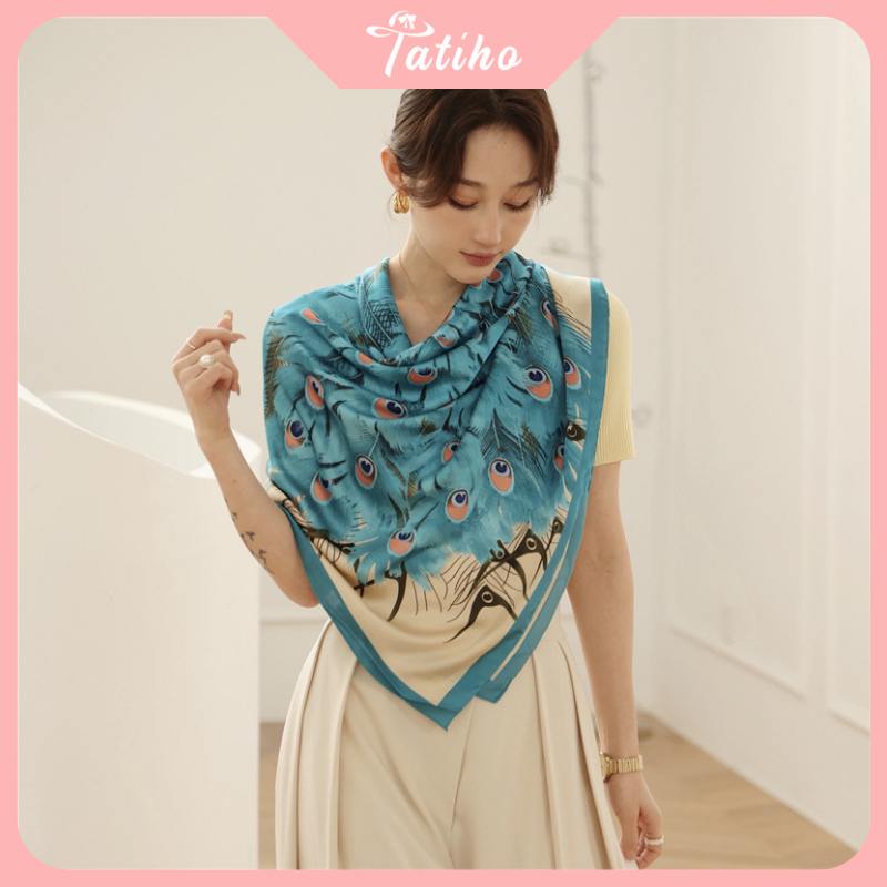Khăn choàng cổ lụa, Khăn quàng cổ chất mềm mịn họa tiết đôi công sang trọng thời trang thanh lịch quý phái - Mã KS067