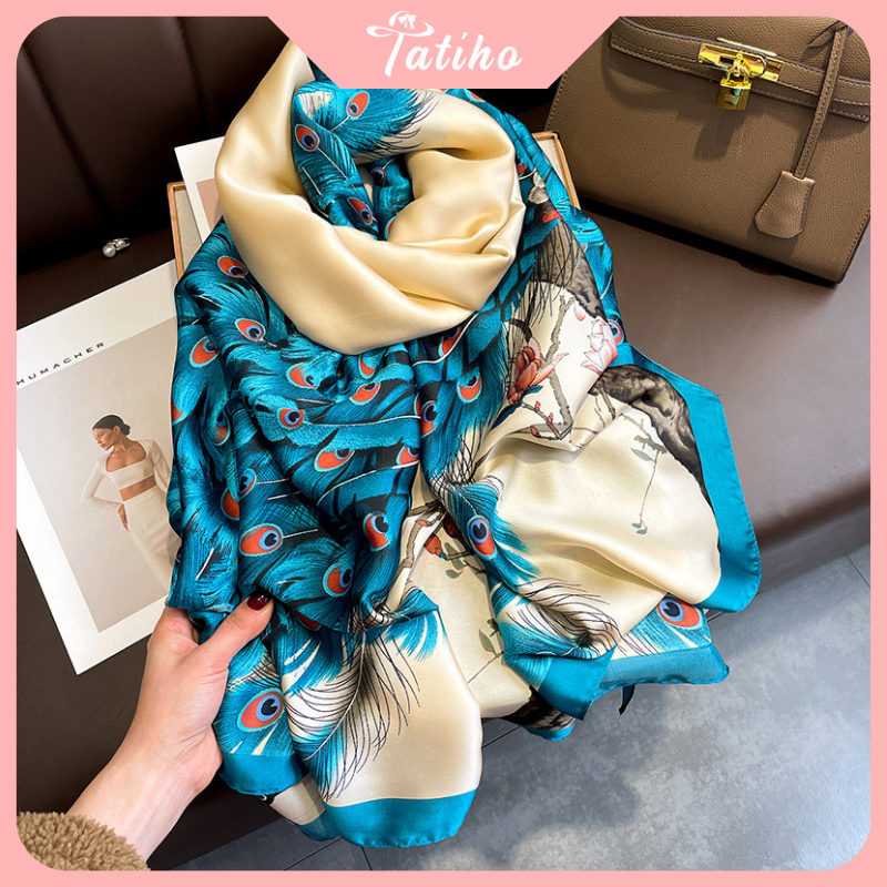 Khăn choàng cổ lụa, Khăn quàng cổ chất mềm mịn họa tiết đôi công sang trọng thời trang thanh lịch quý phái - Mã KS067