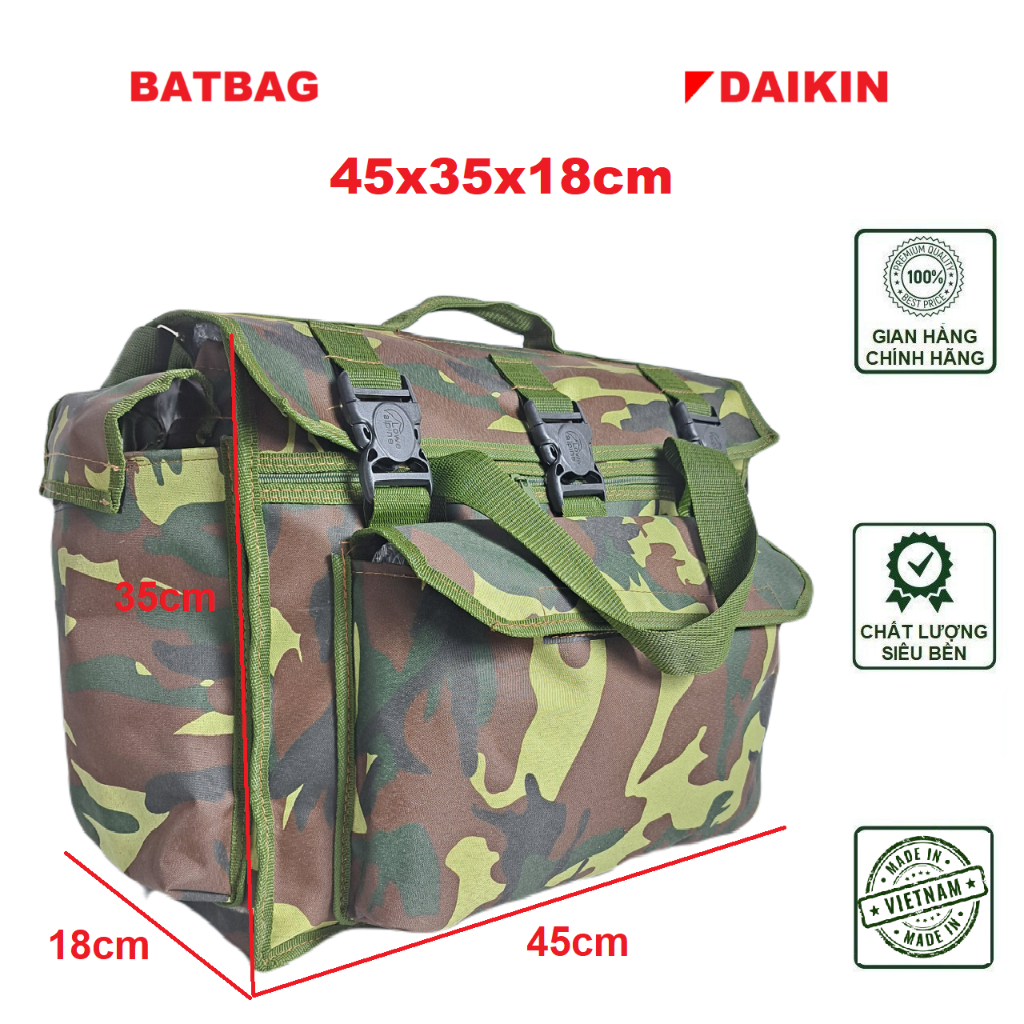 Túi đựng dụng cụ sửa chữa, đồ nghề, thợ điện, điều hòa mầu rằn ri vàng có quai xách, chân đế RRV
