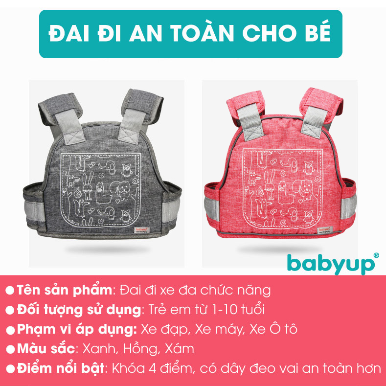 Đai đi xe máy an toàn cho bé (từ 1 đến 10 tuổi) Babyup, có phản quang, thoáng khí, chắc chắn