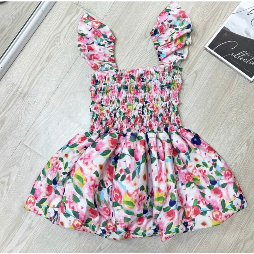 Áo Kiểu Nữ Tay Cánh Tiên Nhún Ngực Dáng Xoè In Hoa Ngọt Ngào