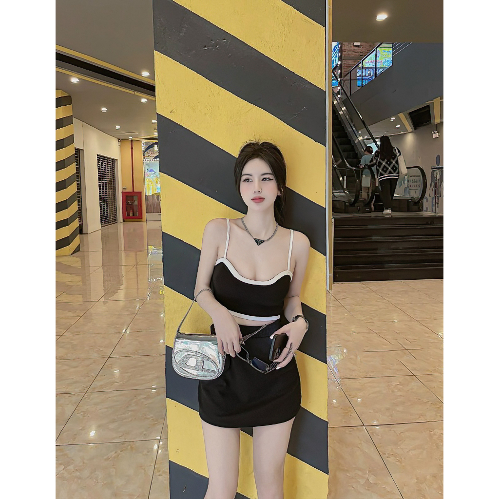 [ Freesize 40-55kg ] Set Áo Croptop Hai Dây Cổ Vuông Viền Và Chân Váy Bút Chì Ngắn Ôm Body Sexy | BigBuy360 - bigbuy360.vn