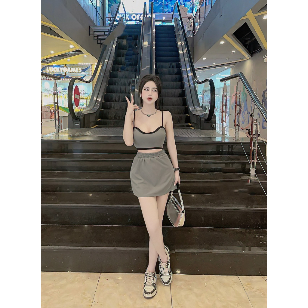 [ Freesize 40-55kg ] Set Áo Croptop Hai Dây Cổ Vuông Viền Và Chân Váy Bút Chì Ngắn Ôm Body Sexy | BigBuy360 - bigbuy360.vn