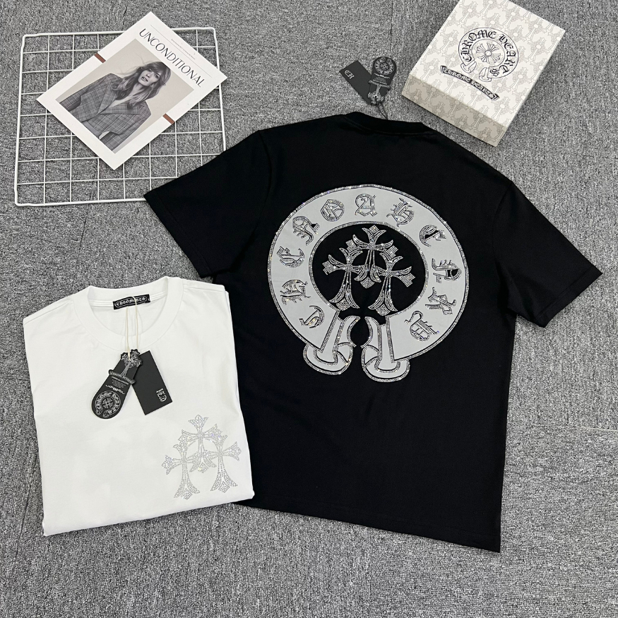 Áo Phông Nam Chrome Hearts Đính Đá Siêu Đẹp - Áo Thun Đính Đá Nam Nữ Chất Cotton Cao Cấp