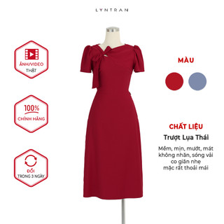 Váy xòe LYN TRAN DX-2710N cut-out nơ cổ Chất Trượt Lụa Thái Mềm Mịn Trơn Sóng