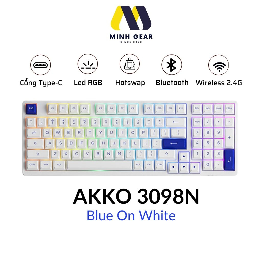 Bàn phím cơ AKKO 3098N Multi-modes Blue On White (Bluetooth 5.0 / Wireless 2.4Ghz / Hotswap / Foam t