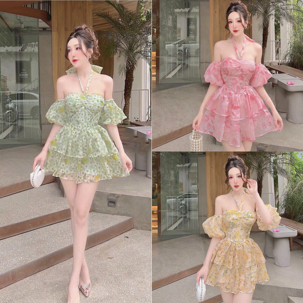 Váy đầm voan hoa trễ vai tay rớt dây cột nơ cổ thiết kế bèo 2 tầng siêu xinh (có mút, có lót)