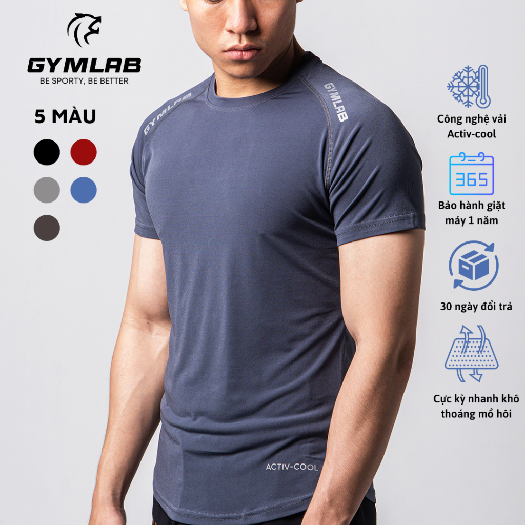 Áo thể thao tập gym nam Gymlab tay ngắn cổ tròn form fit vải poly thoáng mát - ARM LOGO
